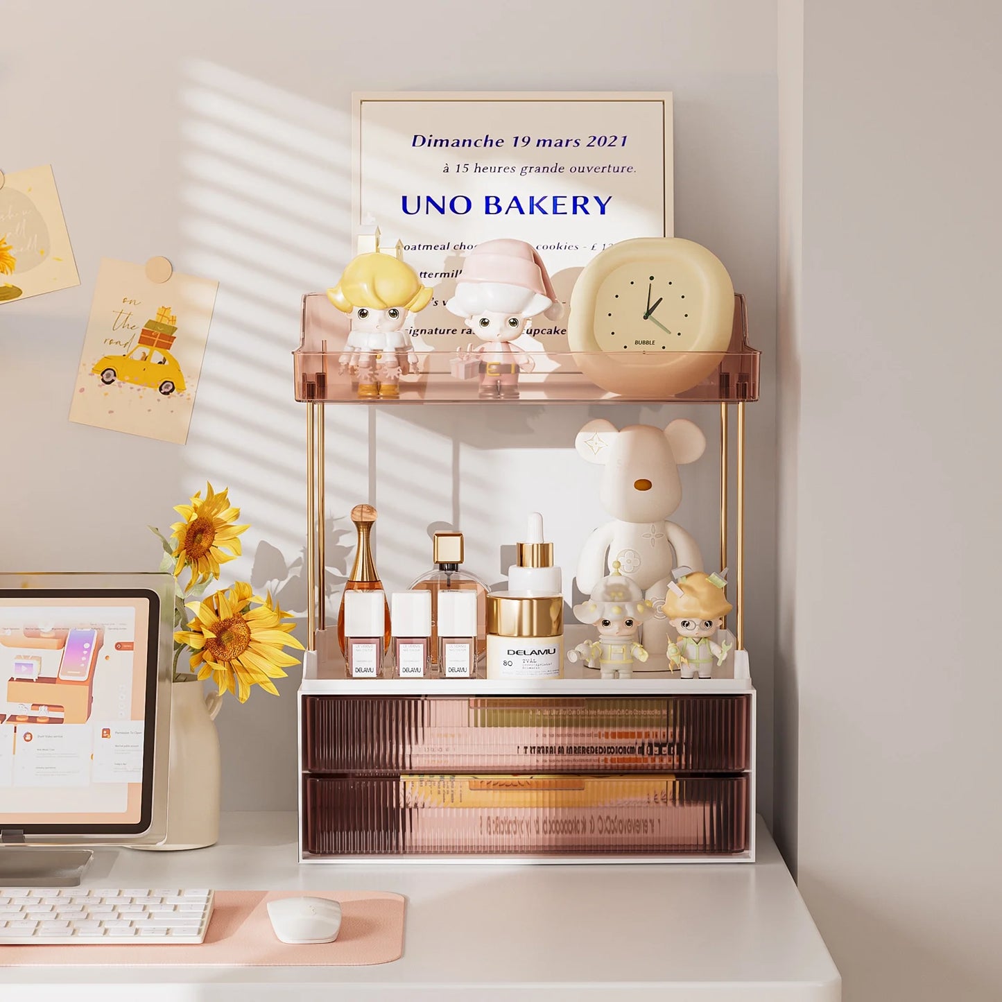 2-Tier Bathroom Countertop Organizer with 2 Drawers, Versatile Makeup and Skincare Storage Solution, Elegant Vanity Organizer in Grapefruit Color