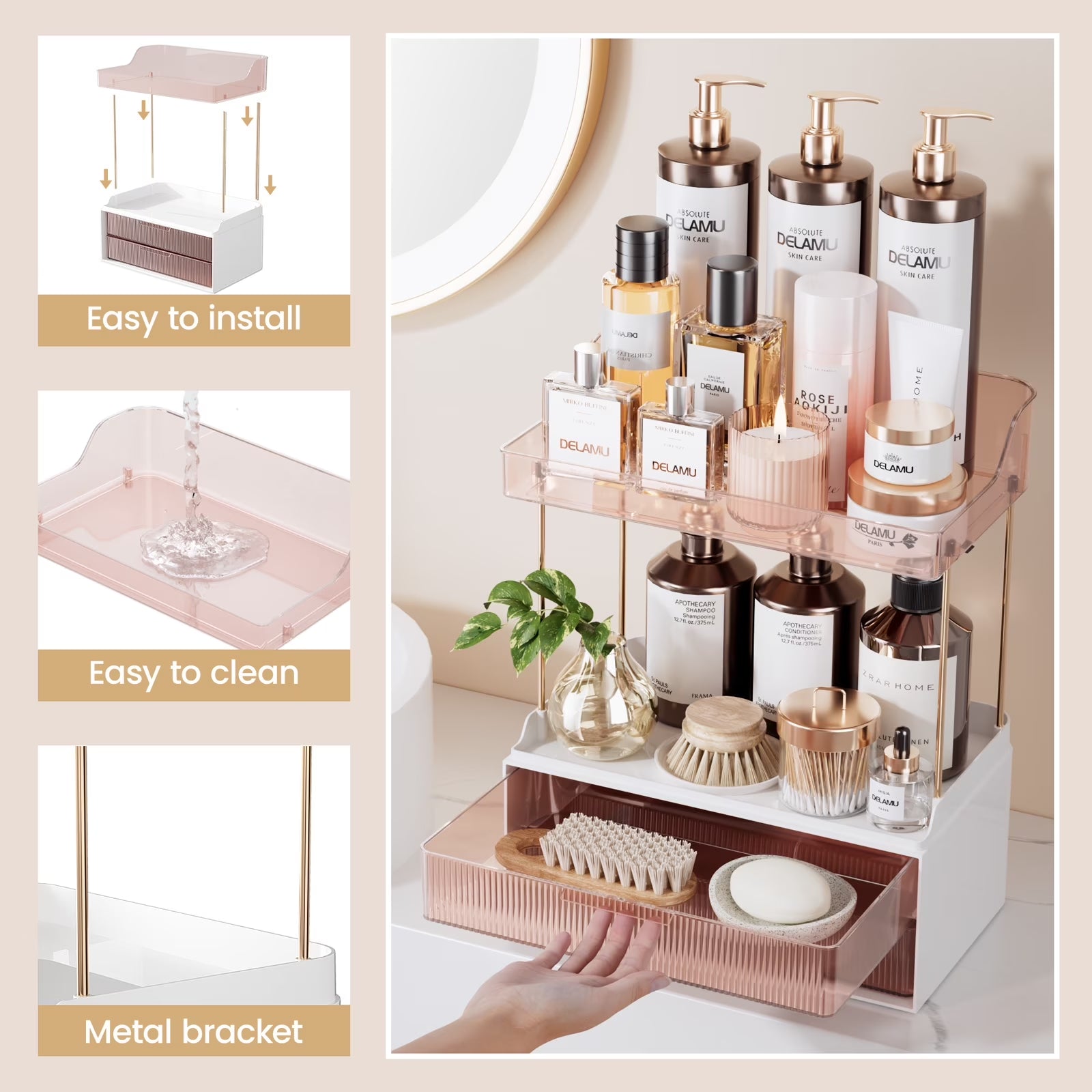 2-Tier Bathroom Countertop Organizer with 2 Drawers, Versatile Makeup and Skincare Storage Solution, Elegant Vanity Organizer in Grapefruit Color