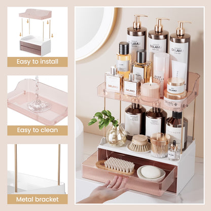 2-Tier Bathroom Countertop Organizer with 2 Drawers, Versatile Makeup and Skincare Storage Solution, Elegant Vanity Organizer in Grapefruit Color