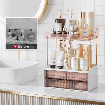 2-Tier Bathroom Countertop Organizer with 2 Drawers, Versatile Makeup and Skincare Storage Solution, Elegant Vanity Organizer in Grapefruit Color