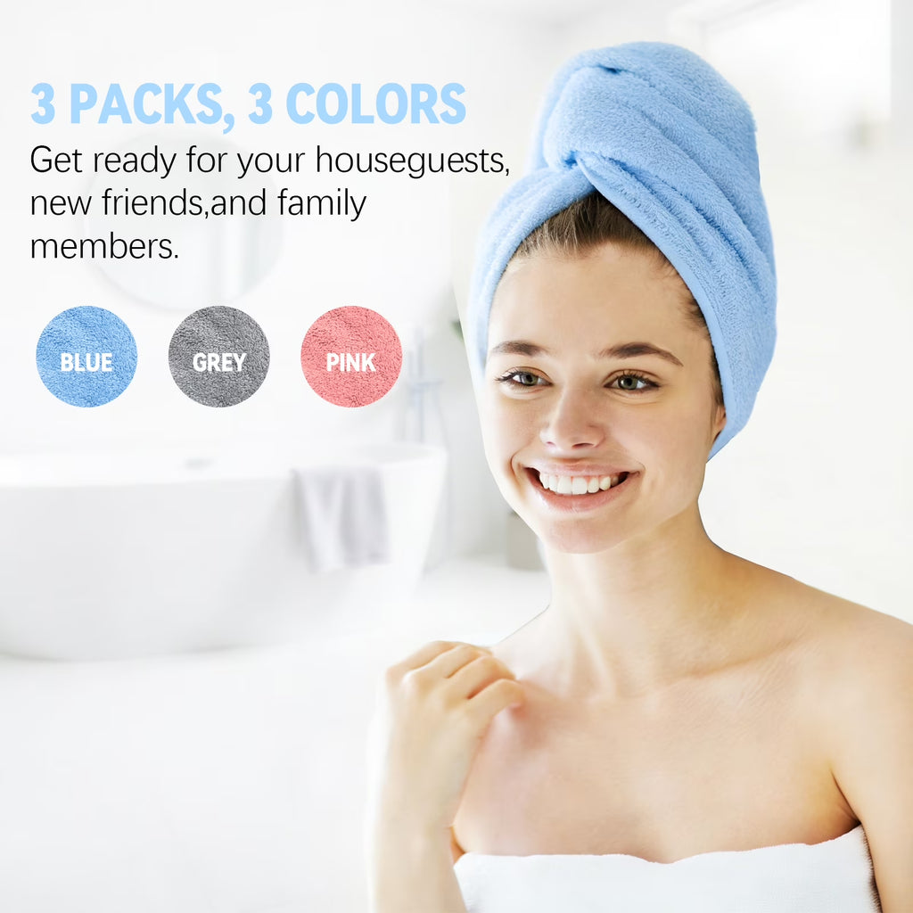 Microfiber Hair Towel Set - 3 Pack Hair Turbans for Wet Hair Drying, Anti-Frizz Wraps for Curly Hair in Pink, Purple, and Green