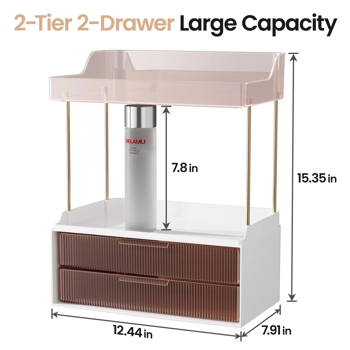 2-Tier Bathroom Countertop Organizer with 2 Drawers, Versatile Makeup and Skincare Storage Solution, Elegant Vanity Organizer in Grapefruit Color