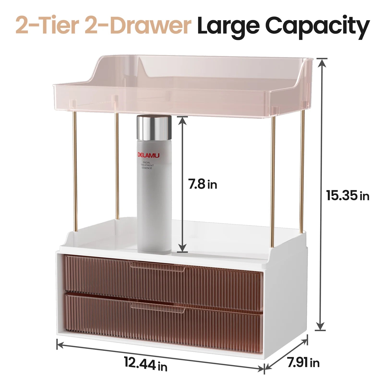 2-Tier Bathroom Countertop Organizer with 2 Drawers, Versatile Makeup and Skincare Storage Solution, Elegant Vanity Organizer in Grapefruit Color