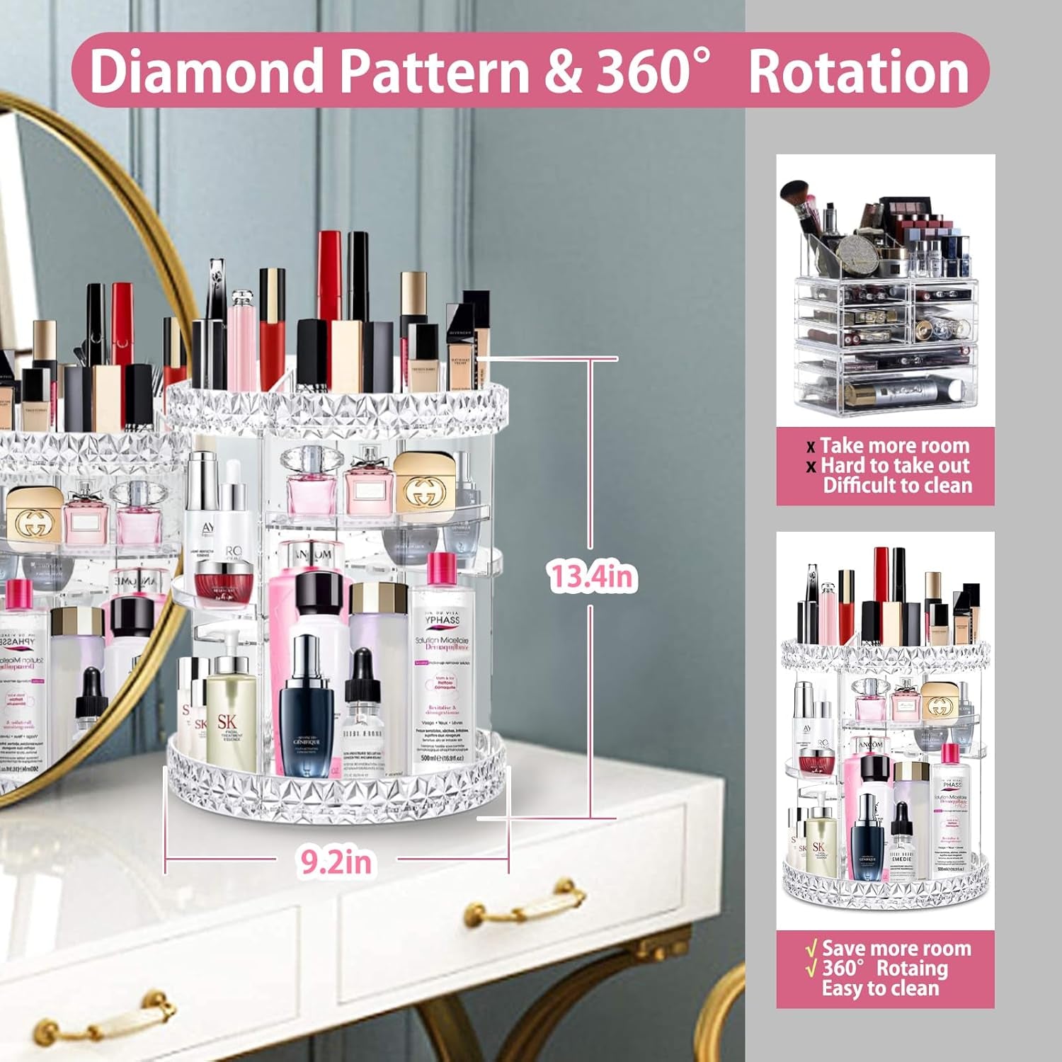 360 Rotating Makeup Organizer Perfume Organizer Clear Cosmetic Storage Display Case Large Capacity Acrylic Beauty Holder Adjustable Partition Height for Bedroom Dresser or Bathroom Vanity