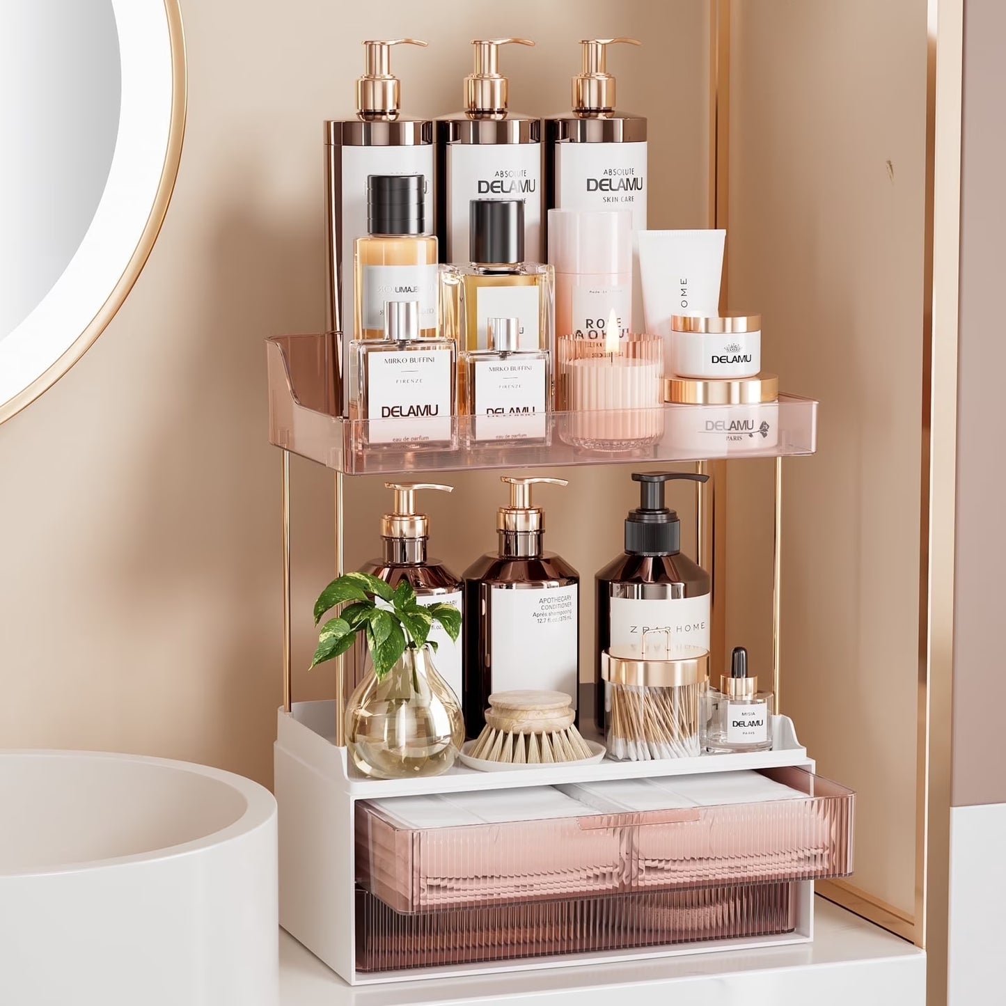2-Tier Bathroom Countertop Organizer with 2 Drawers, Versatile Makeup and Skincare Storage Solution, Elegant Vanity Organizer in Grapefruit Color