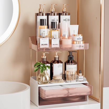 2-Tier Bathroom Countertop Organizer with 2 Drawers, Versatile Makeup and Skincare Storage Solution, Elegant Vanity Organizer in Grapefruit Color
