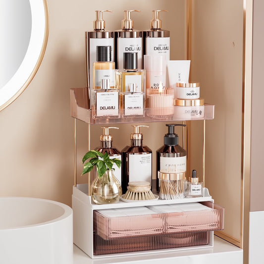 2-Tier Bathroom Countertop Organizer with 2 Drawers, Versatile Makeup and Skincare Storage Solution, Elegant Vanity Organizer in Grapefruit Color