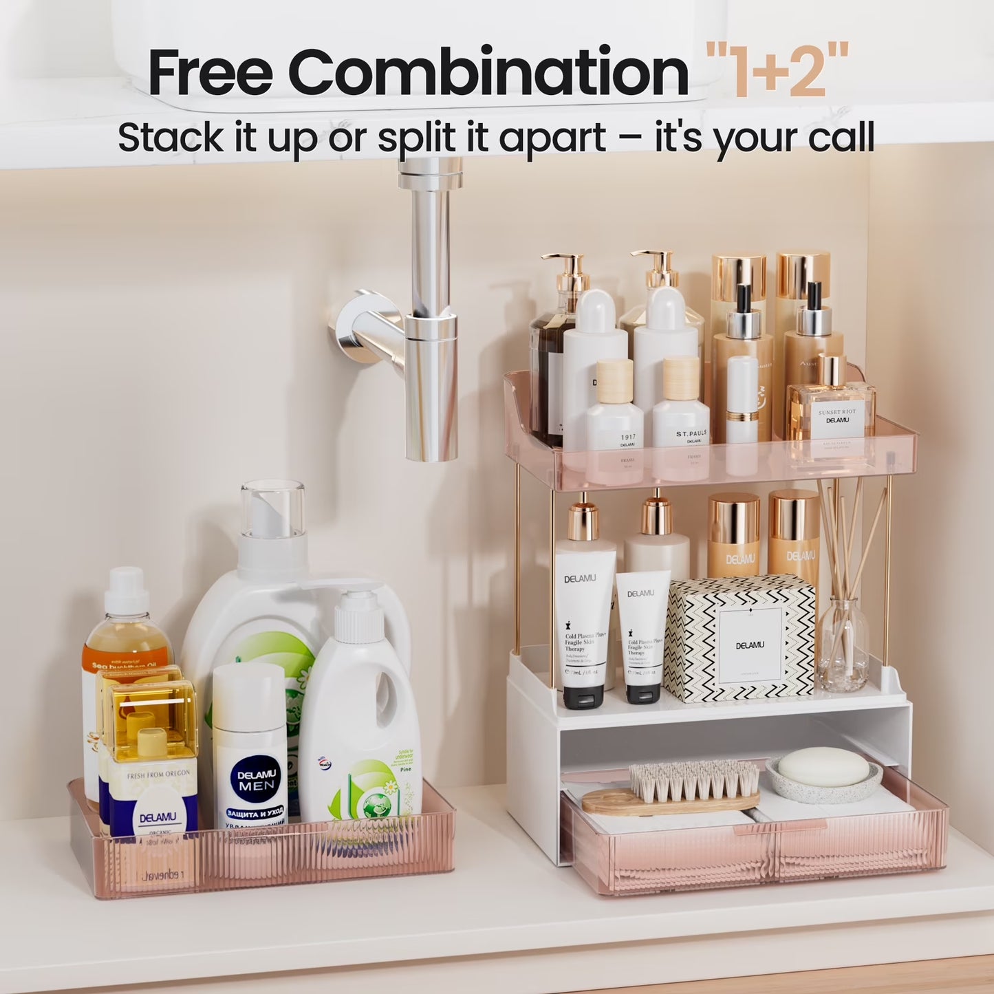 2-Tier Bathroom Countertop Organizer with 2 Drawers, Versatile Makeup and Skincare Storage Solution, Elegant Vanity Organizer in Grapefruit Color