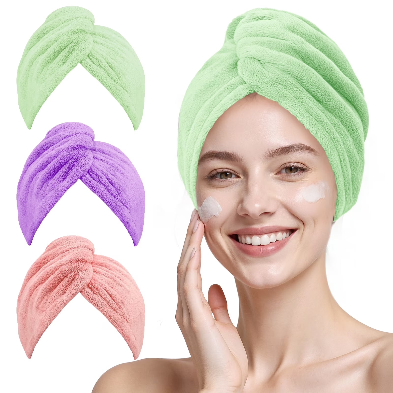 Microfiber Hair Towel Set - 3 Pack Hair Turbans for Wet Hair Drying, Anti-Frizz Wraps for Curly Hair in Pink, Purple, and Green