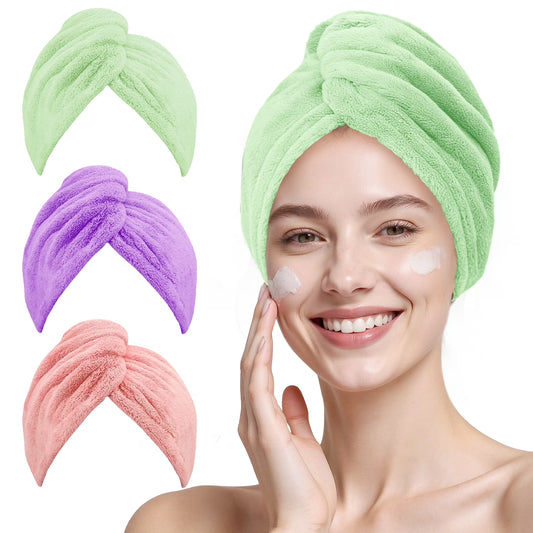 Microfiber Hair Towel Set - 3 Pack Hair Turbans for Wet Hair Drying, Anti-Frizz Wraps for Curly Hair in Pink, Purple, and Green